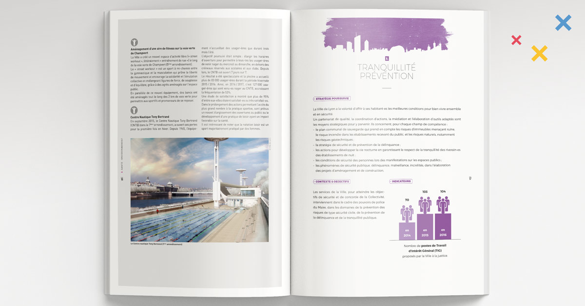 Double page intérieure du rapport d’activité sur la situation en matière de développement durable de la Ville de Lyon 2016 dont la mise en page est signée exéfree